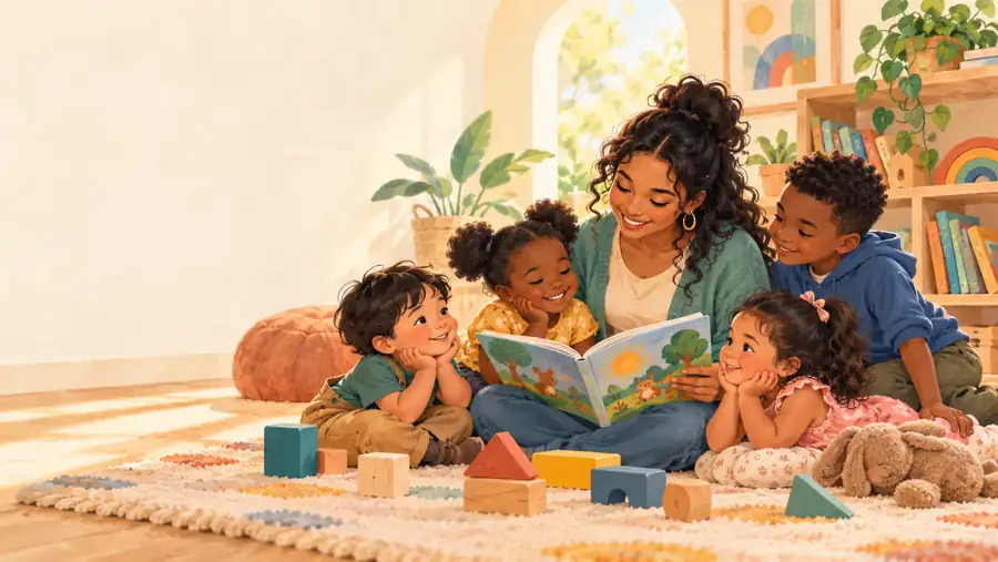 Ilustración de una cuidadora leyendo un cuento a varios niños